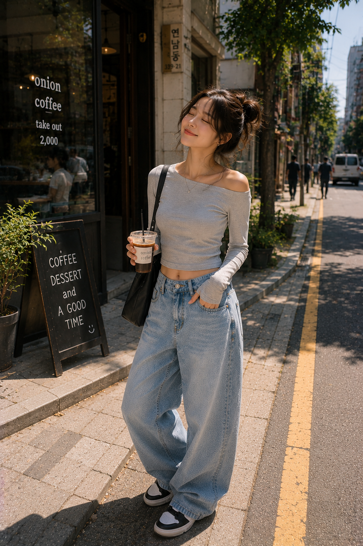 Woman in an off-shoulder top and baggy jeans holding a coffee cup on a sunny street