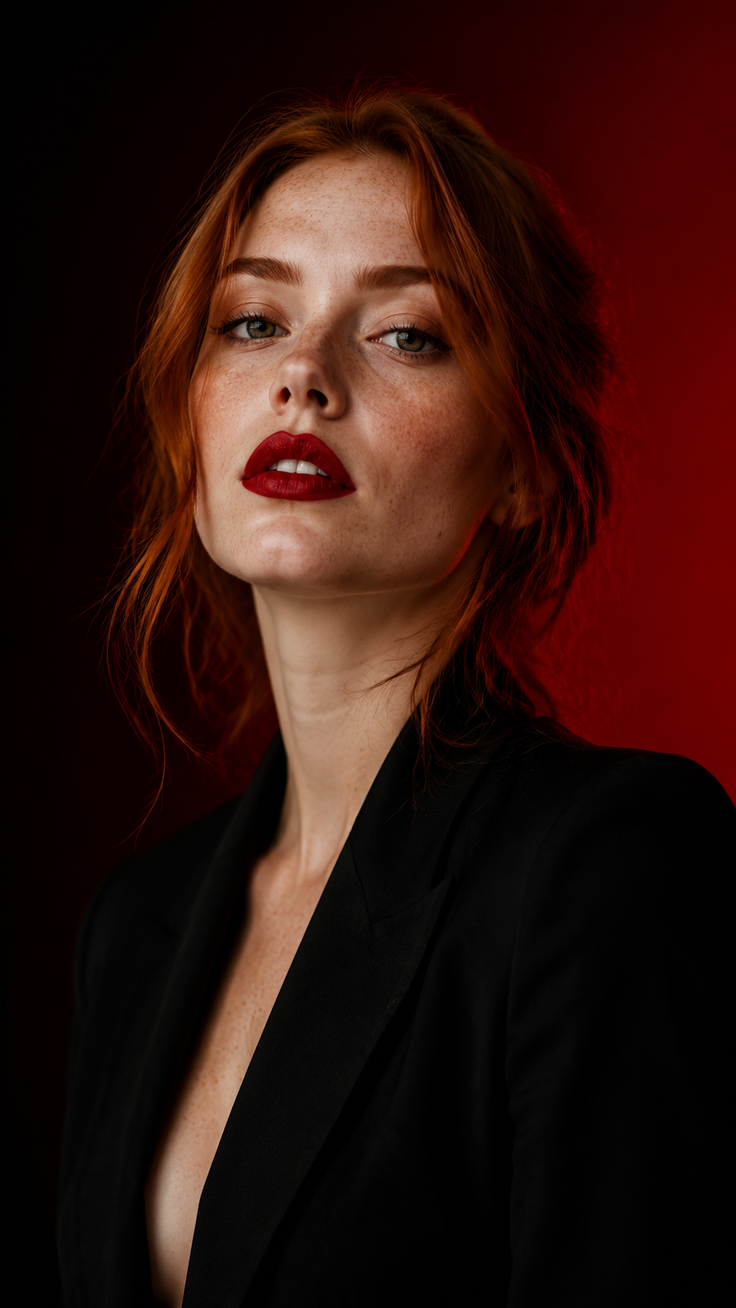 Woman with red hair and freckles wearing a black blazer with exposed skin