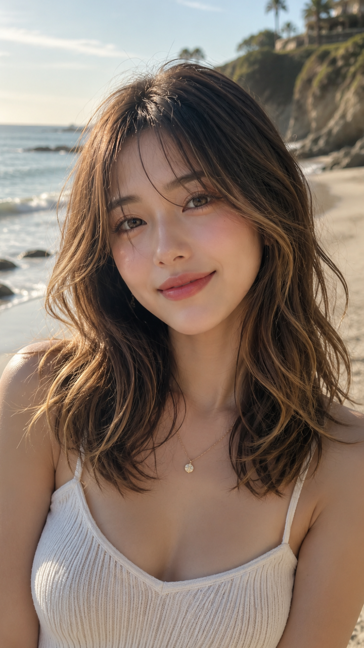 Woman with long wavy hair wearing a white top on a beach at golden hour