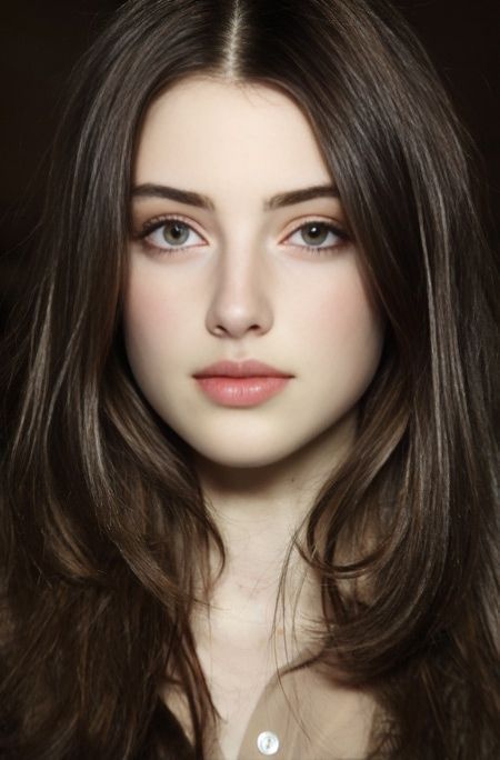 Close-up portrait of a young woman with long brown hair and green eyes