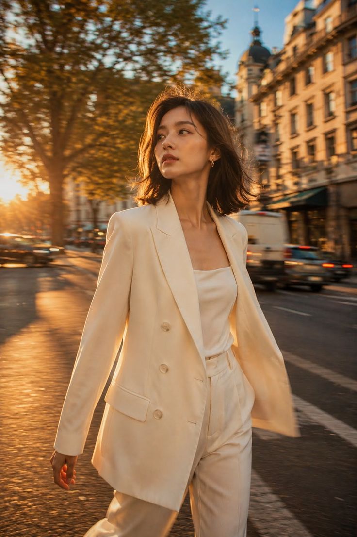 Woman in a cream suit walking on a city street at golden hour