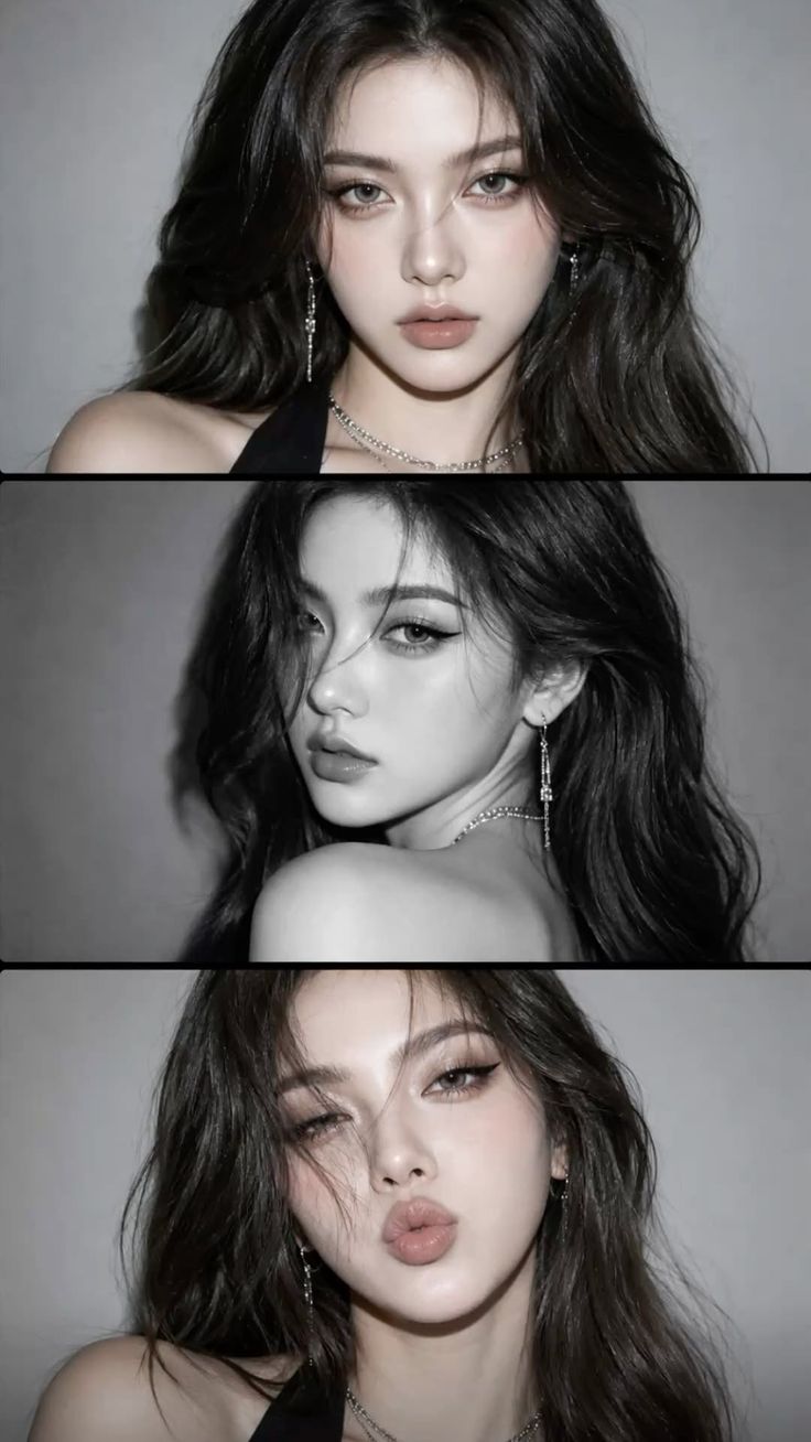 Three portraits of a woman with long dark hair and jewelry