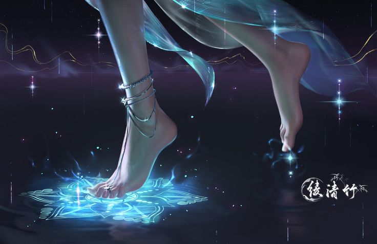 Bare feet with an anklet stepping on a glowing blue pattern in a dark, sparkling environment