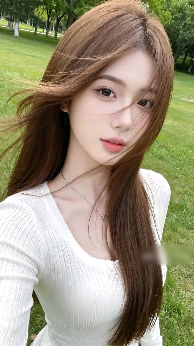Woman with long brown hair wearing a white top outdoors