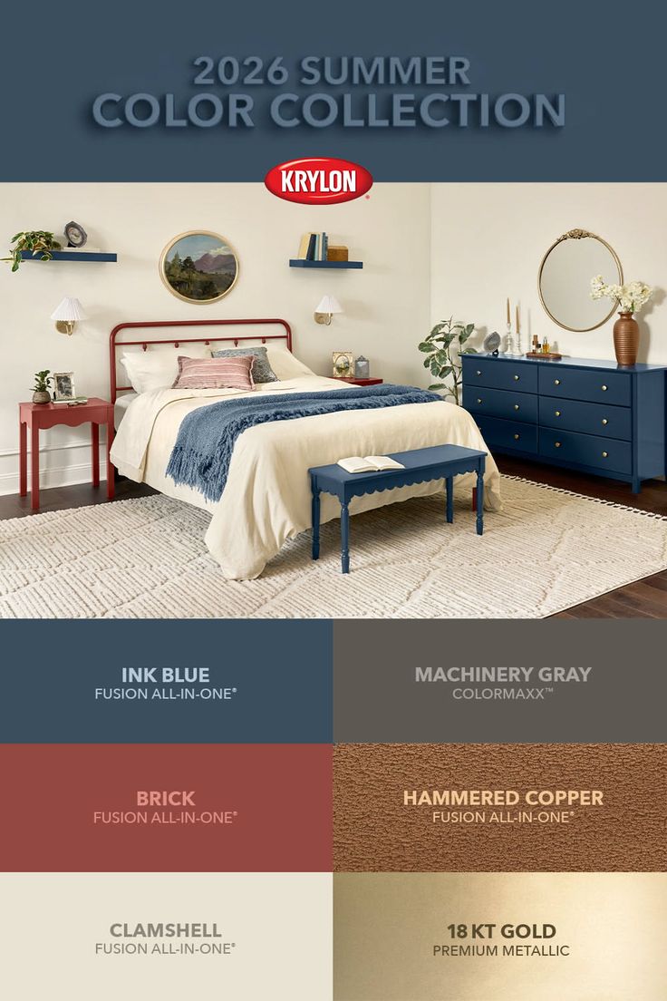 A bedroom with a red metal bed frame, blue dresser, and matching nightstands