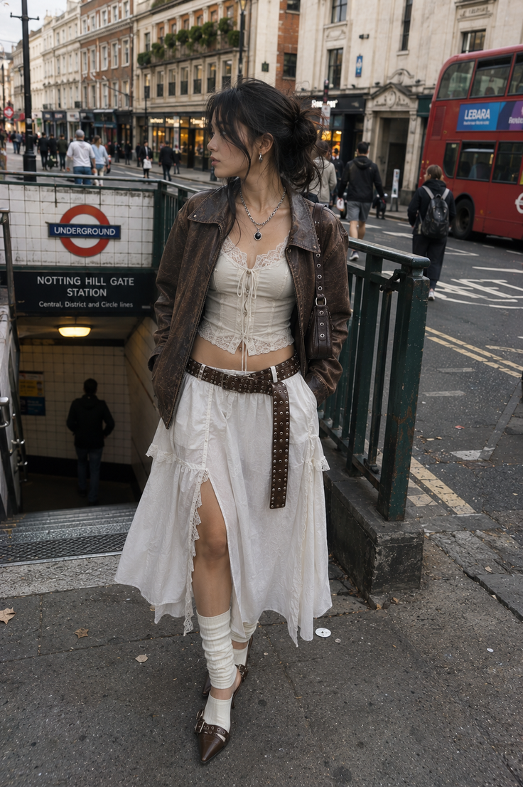 Woman in a brown leather jacket and white skirt on a street near an underground station