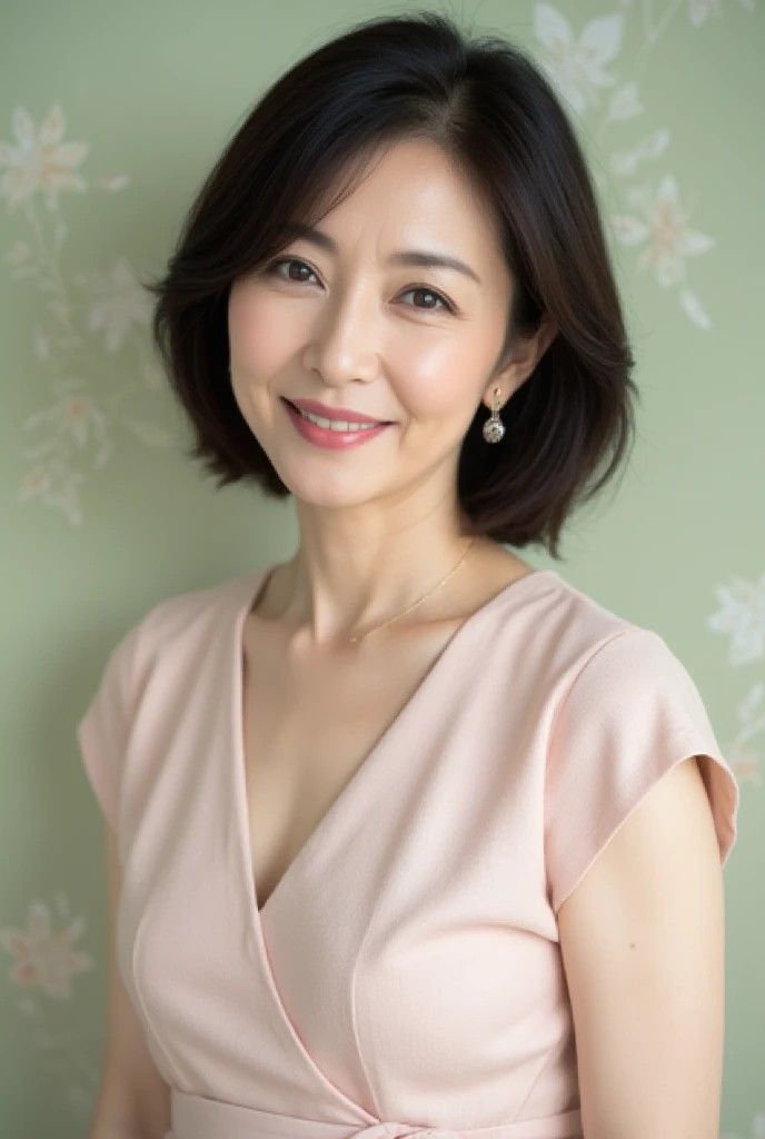 Woman with short hair in a pink dress smiling against a green floral background