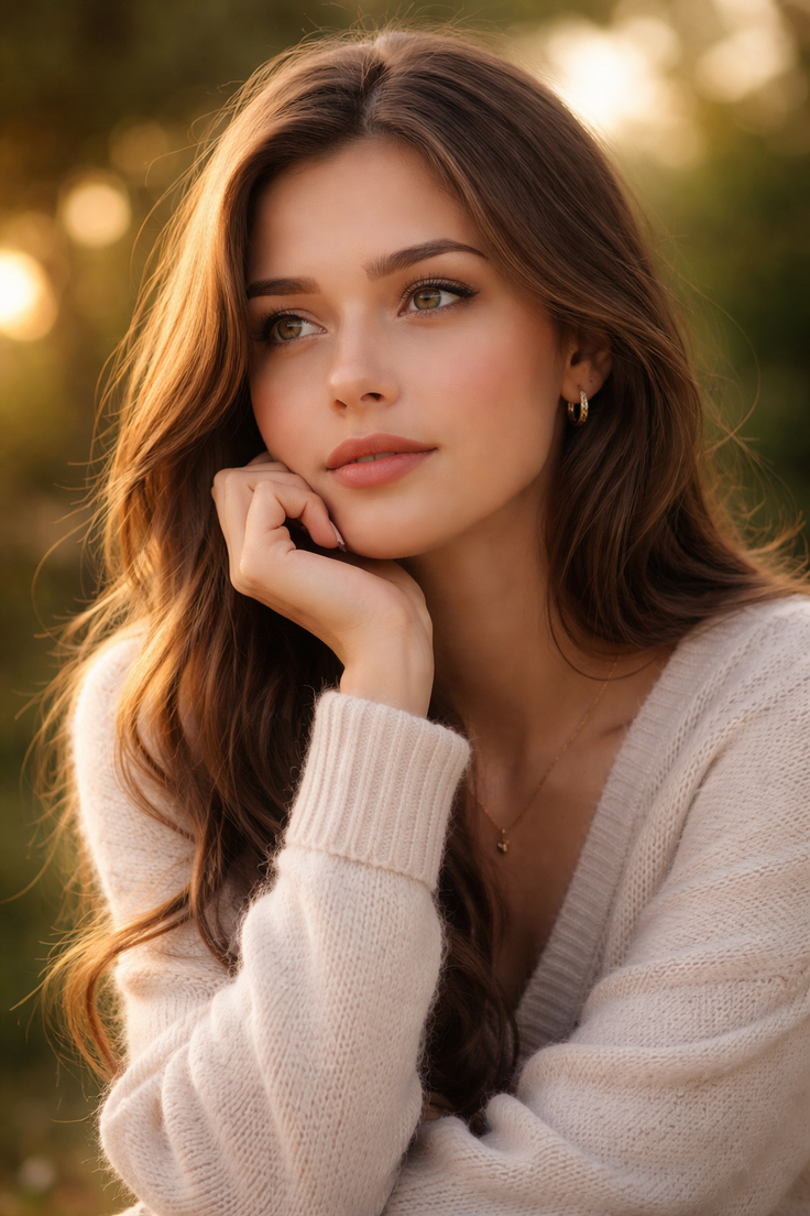 Woman with long brown hair wearing a sweater in soft golden hour light