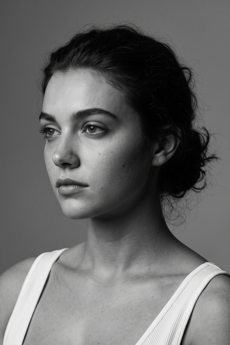 Woman with dark hair in an updo wearing a white tank top, looking to the side