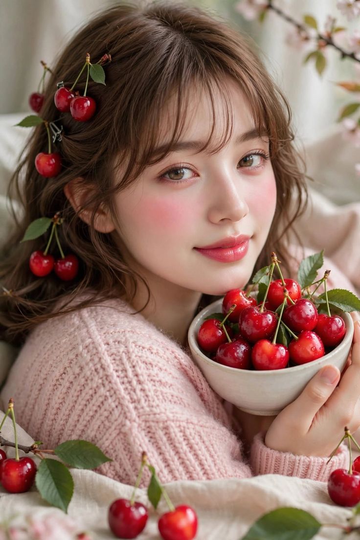 Woman with cherries in her hair and holding a bowl of cherries