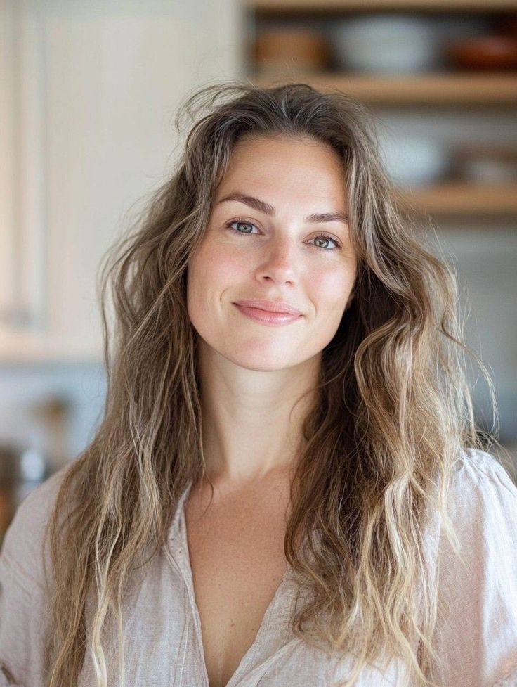 Woman with long wavy light brown hair smiling in an indoor setting