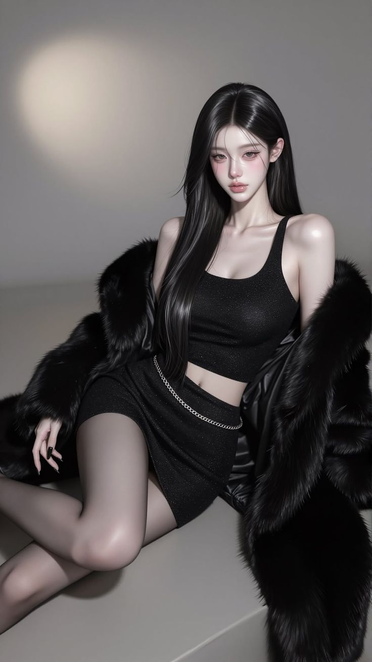 Woman with long black hair in a black crop top and mini skirt with a fur coat