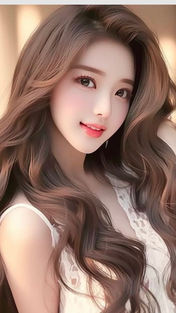 Illustration of a woman with long wavy brown hair wearing a white lace-trimmed top