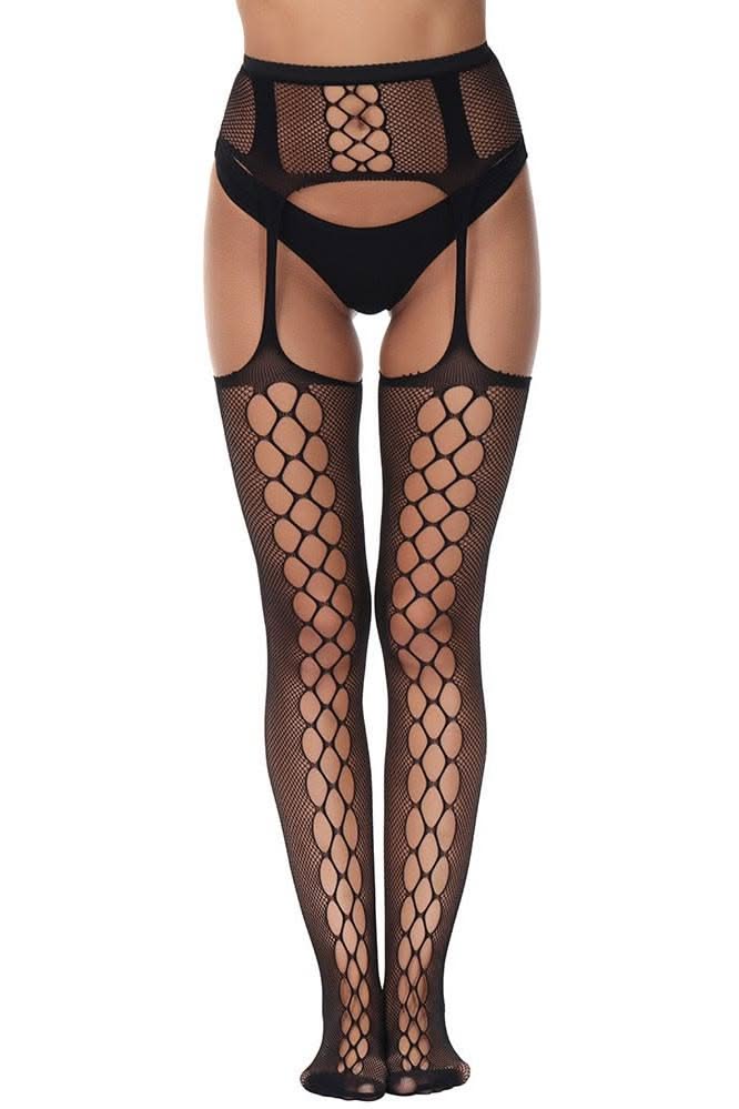 Woman wearing black fishnet stockings and a garter belt