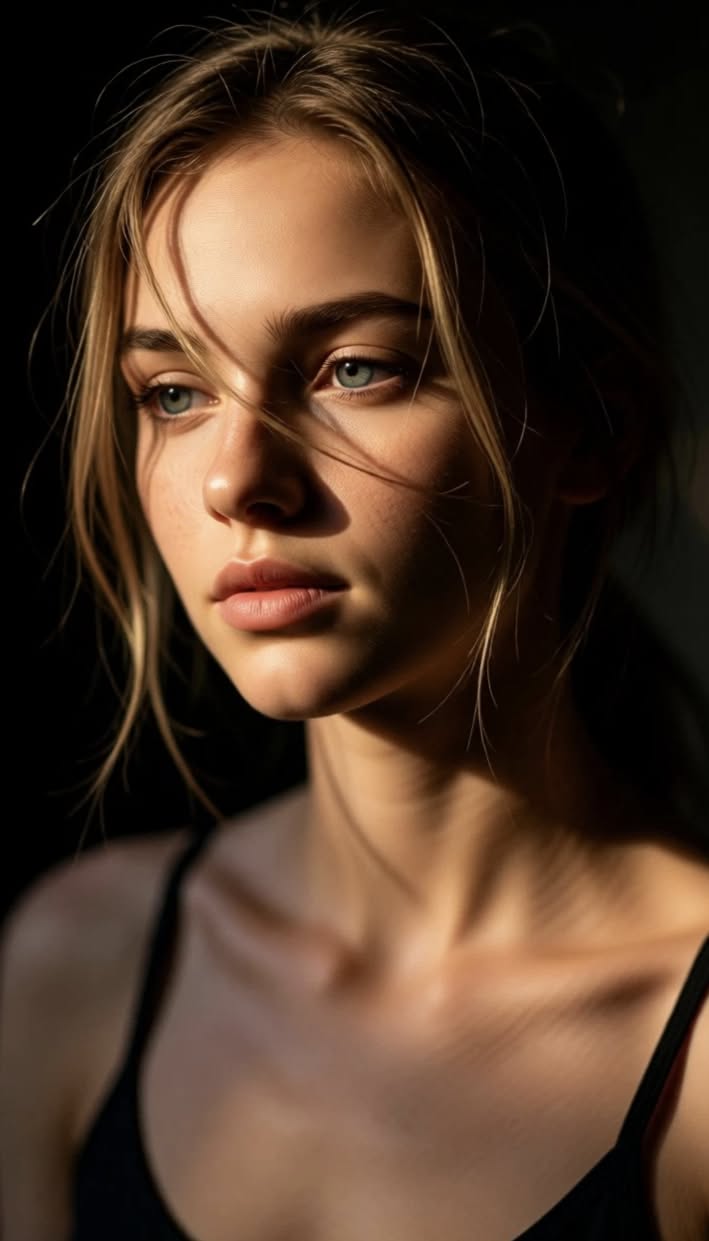 Woman with blonde hair and blue eyes in soft golden hour lighting