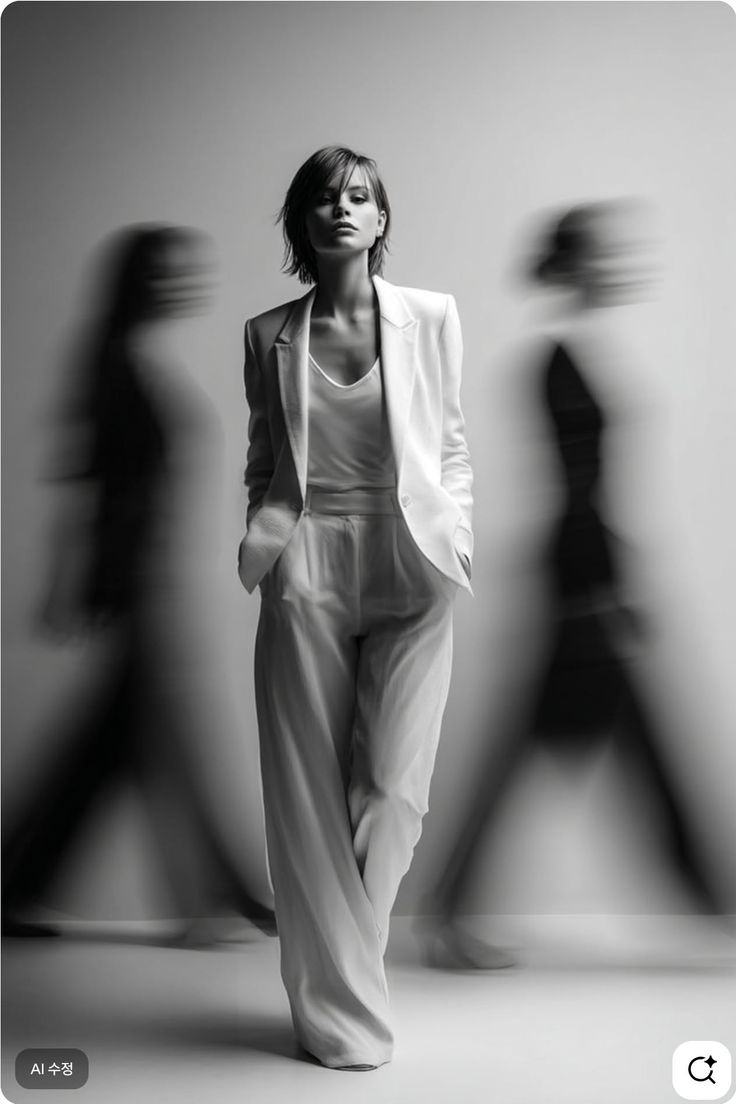 Woman in a white suit with blurred figures in a monochrome studio shot