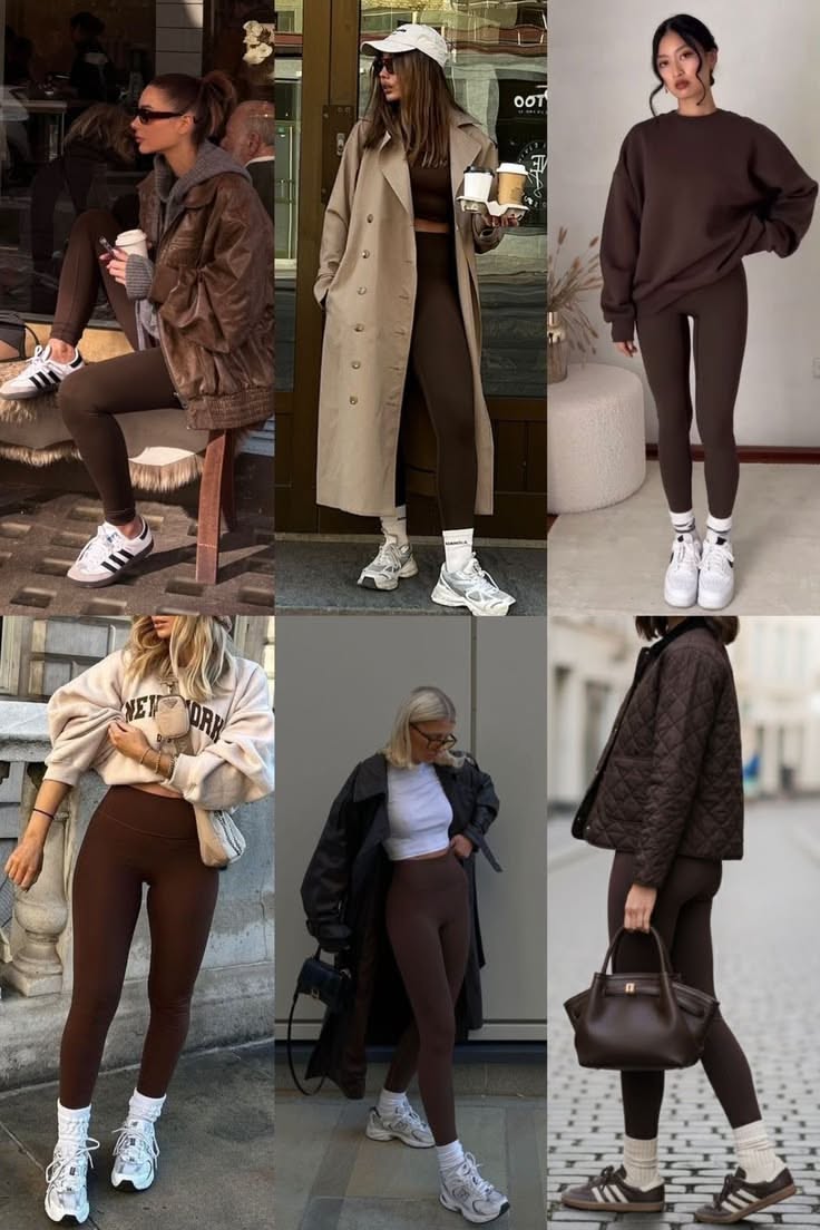 Collage of women in various brown leggings outfits and casual street style