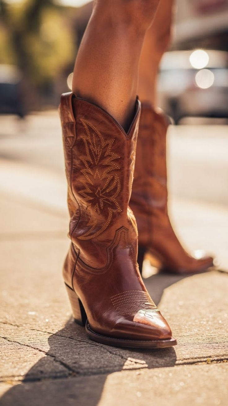 Close up of brown leather cowboy boots with embroidered design on a sunny street