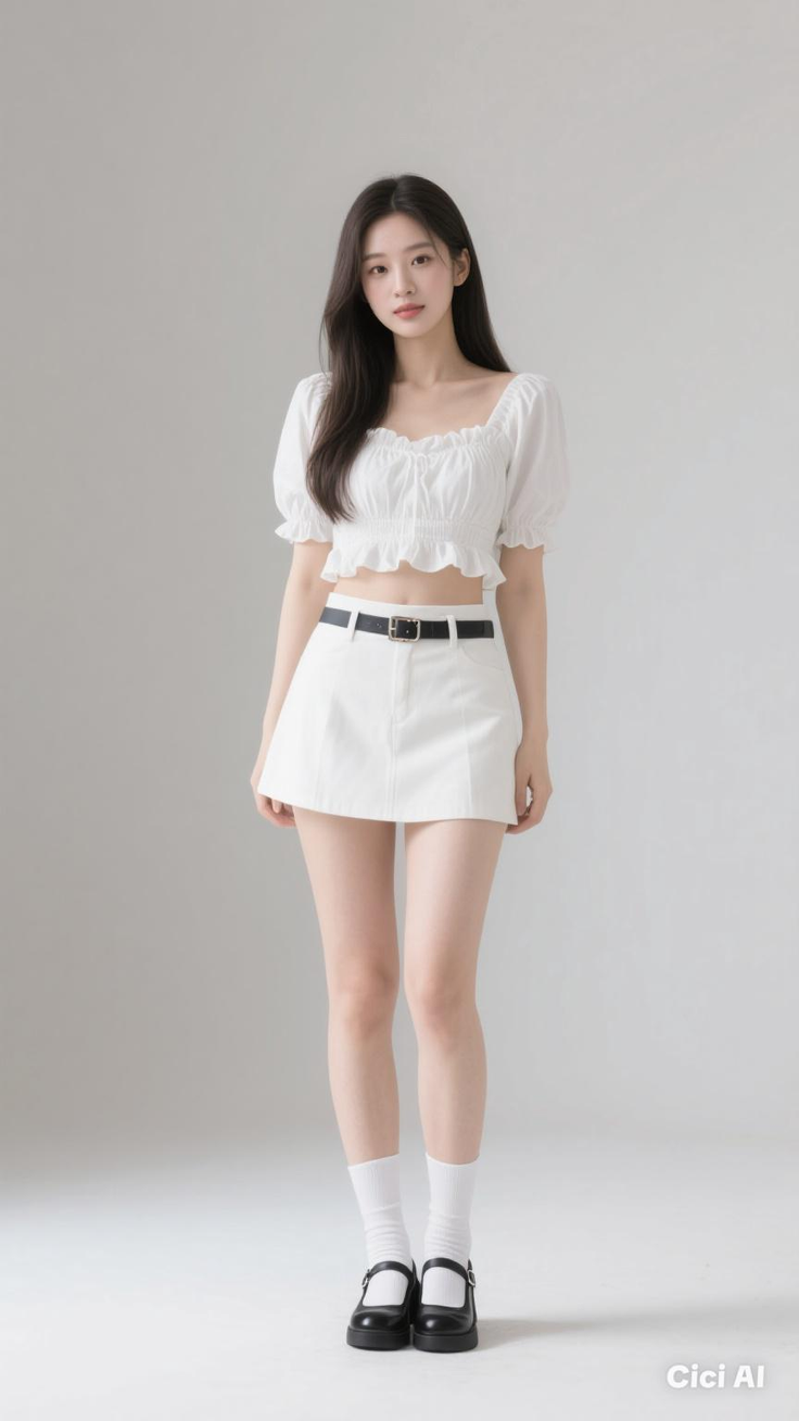 Woman with long dark hair wearing a white crop top and mini skirt in a studio