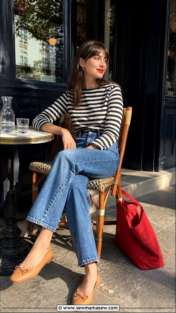 Woman in a striped shirt and jeans sitting at an outdoor cafe table