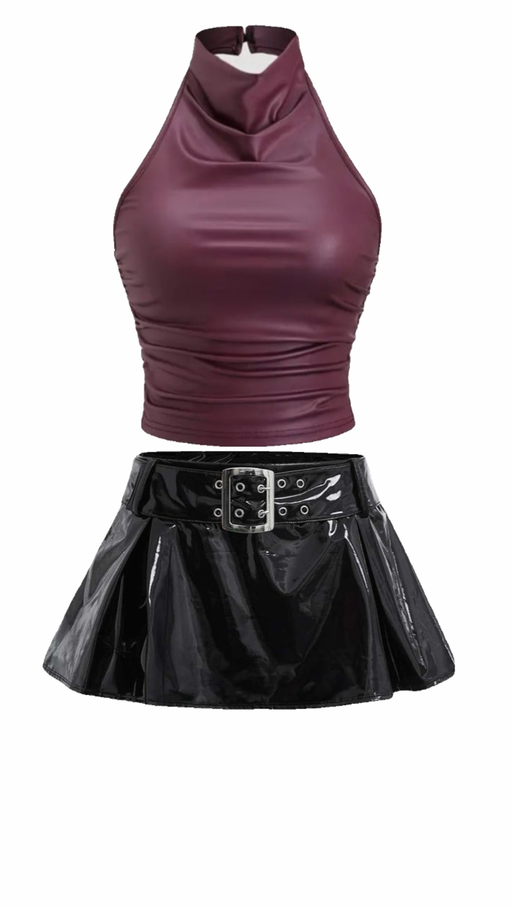 Dark red halter top and black shiny pleated mini skirt with a buckle belt