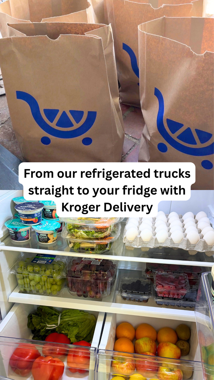 Kroger grocery bags and a fridge full of fresh produce and other groceries