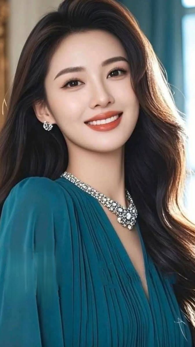 Woman with long dark hair wearing a teal dress and jewelry, smiling