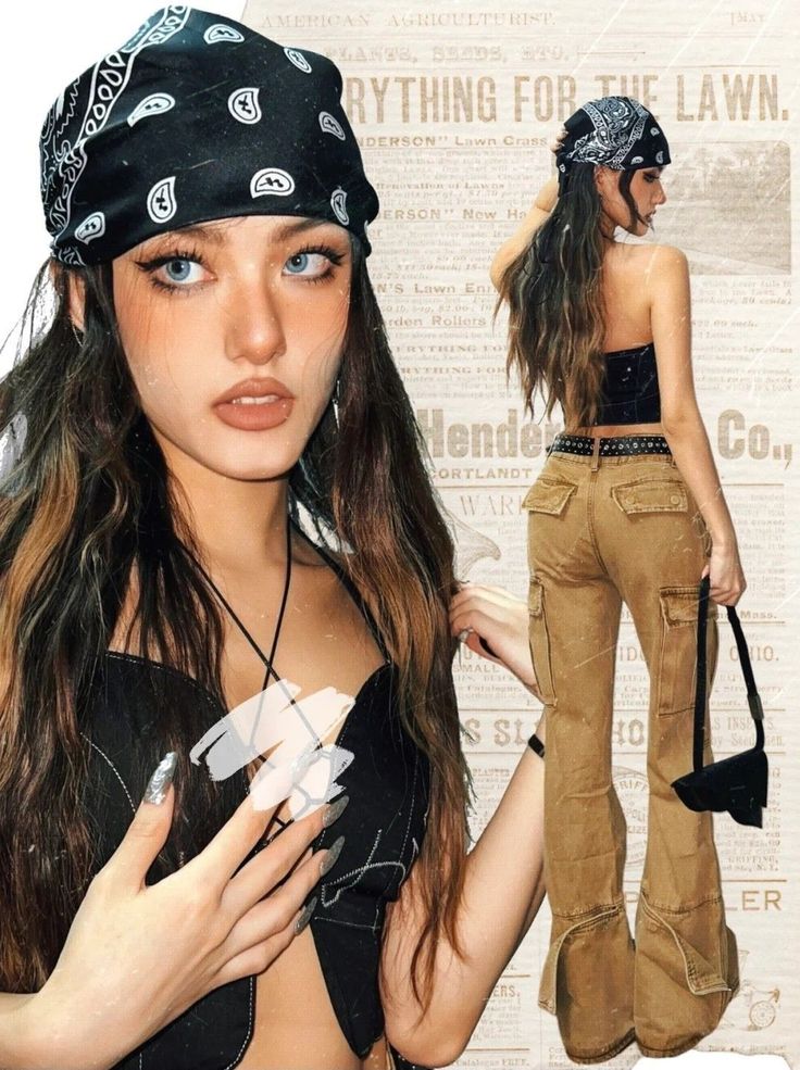 Woman with a bandana and cargo pants in a collage style image
