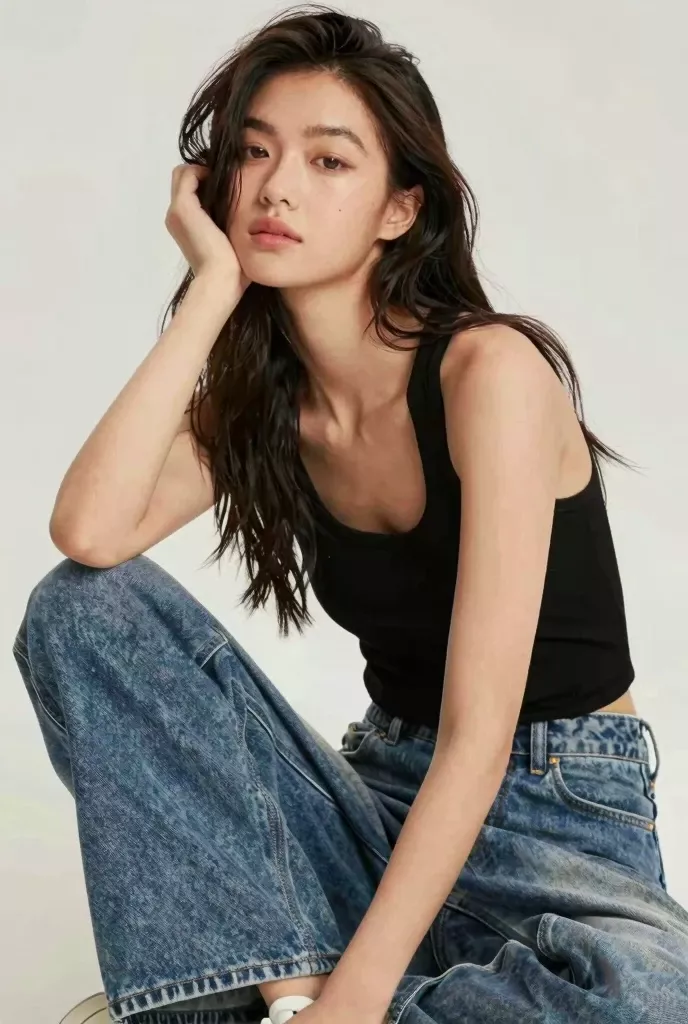 Woman with long dark hair wearing a black tank top and loose jeans, sitting on a white background