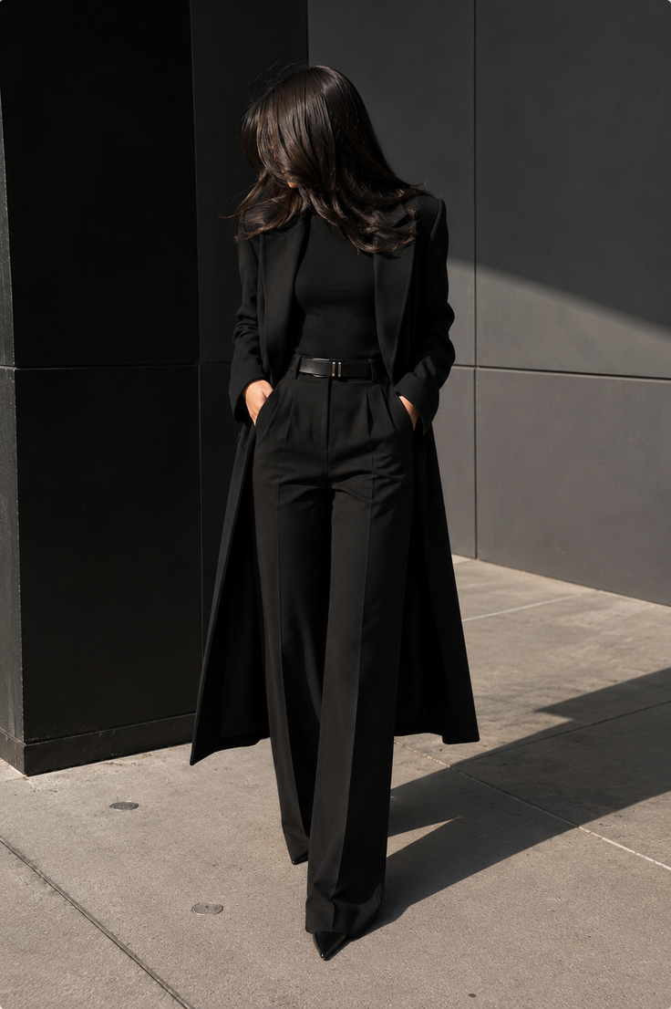 Woman in a black long coat and pants standing outdoors