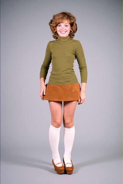 Woman in a green turtleneck and brown mini skirt with knee-high socks