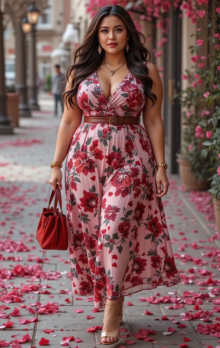 Woman in a pink floral dress walking on a street with scattered pink petals