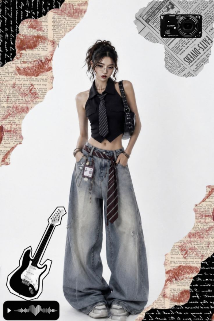 Woman in a black crop top and baggy jeans with a striped tie