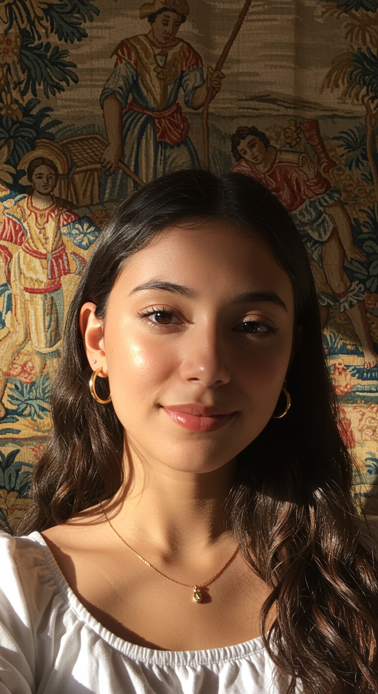 Woman with long dark hair and gold jewelry against a tapestry background