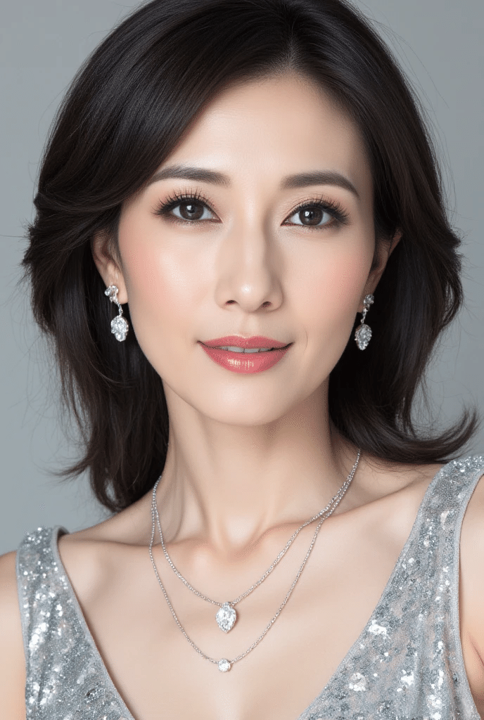 Woman with black hair wearing a silver dress and jewelry, looking at the camera