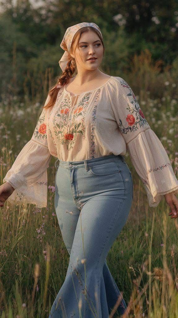 Woman in an embroidered blouse and bell bottom jeans in a field