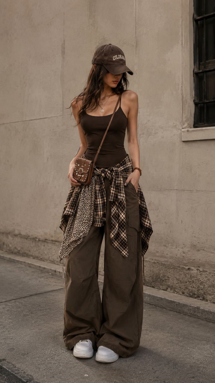 Woman in a brown tank top, cargo pants, and a baseball cap on a street