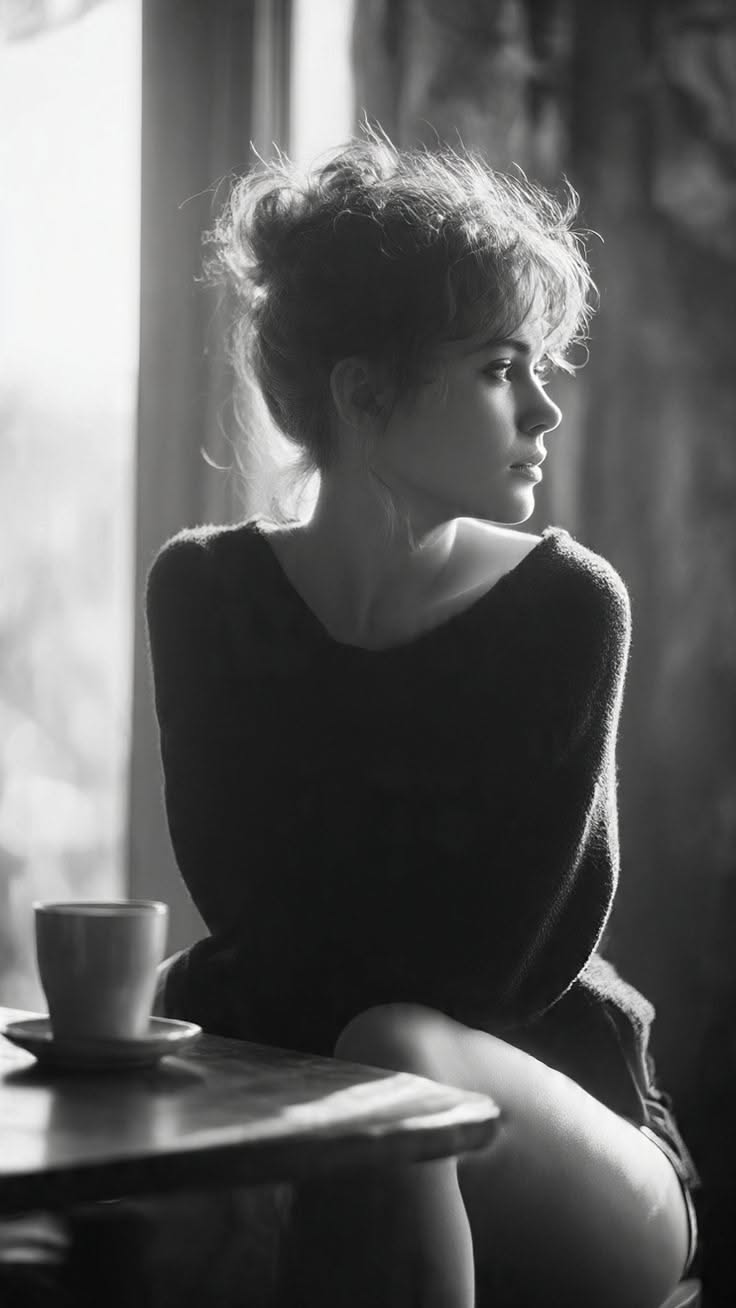 Woman with a messy bun looking away, bathed in soft backlight indoors