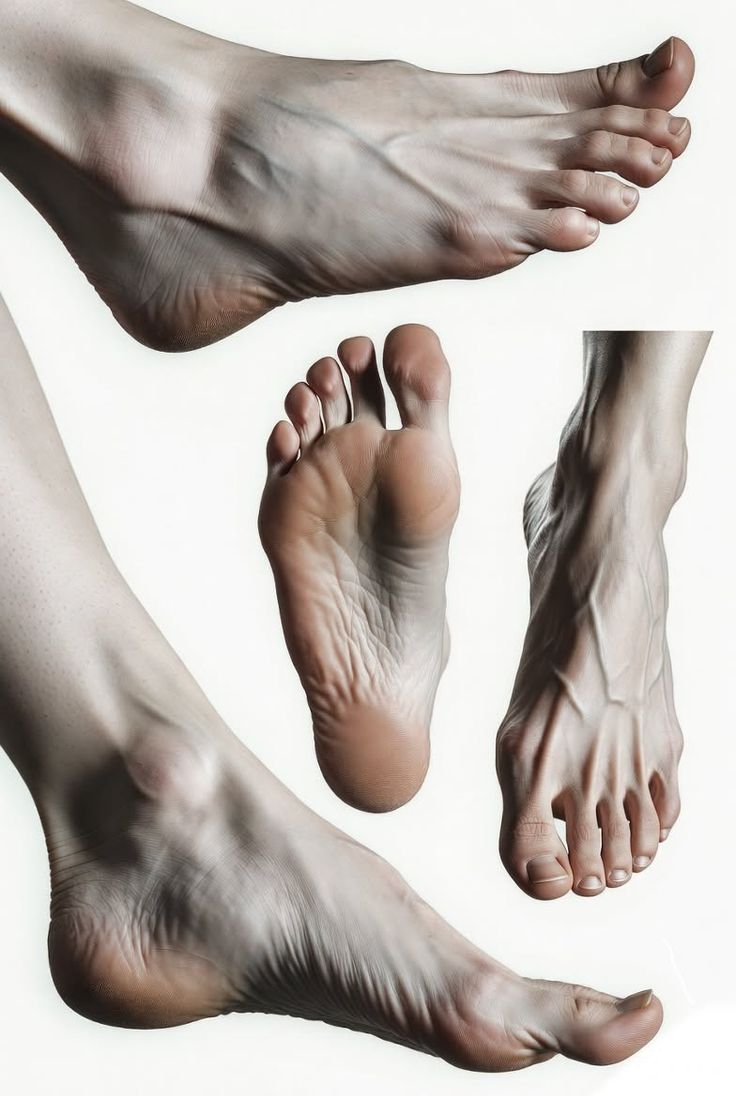 Multiple views of a human foot, showing different angles and details