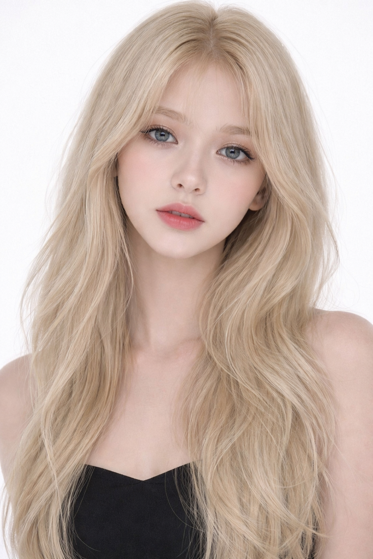 Woman with long blonde hair and blue eyes wearing a black top
