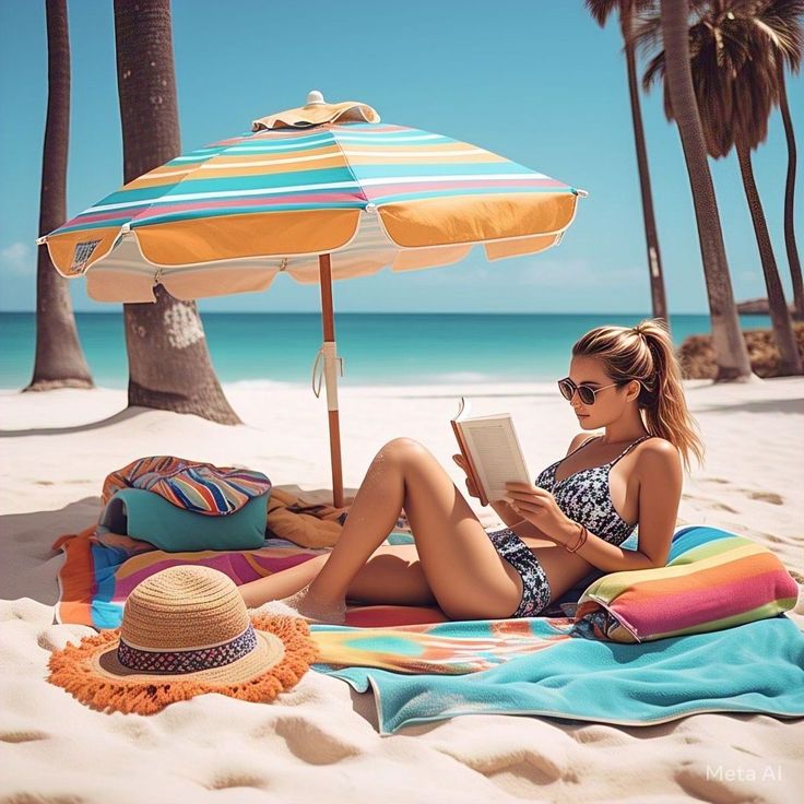 Woman in a bikini reading a book on a sunny beach with palm trees