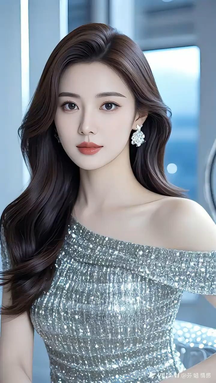 Woman with long brown hair wearing a sparkly off-shoulder dress and earrings