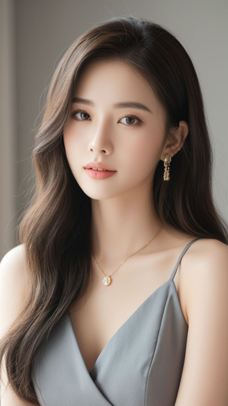 Woman with long brown hair wearing a gray dress and jewelry