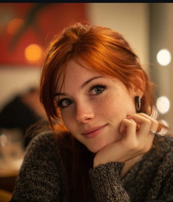 Woman with red hair and freckles wearing a grey sweater, resting her chin on her hand