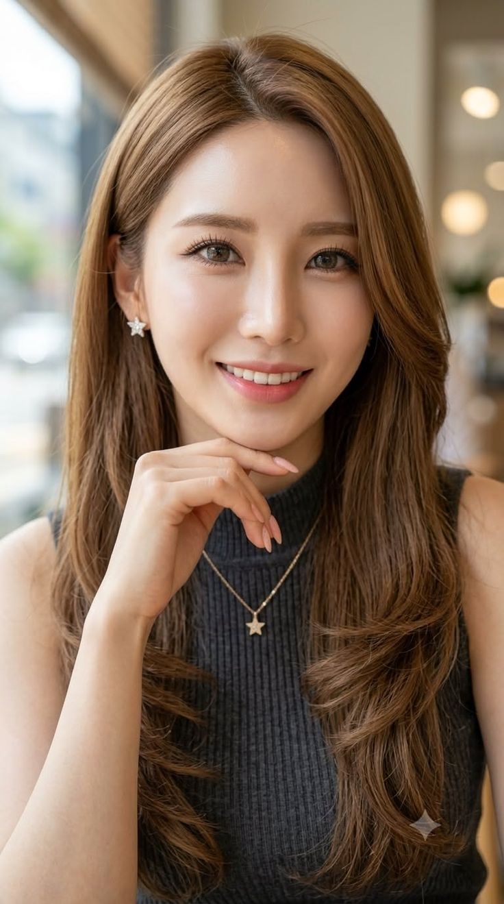 Woman with long brown hair wearing star jewelry and a sleeveless top