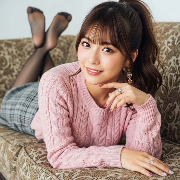 Woman in a pink sweater and plaid skirt lying on a patterned couch