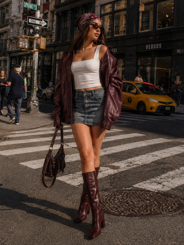 Woman in a denim skirt and leather jacket crossing a city street