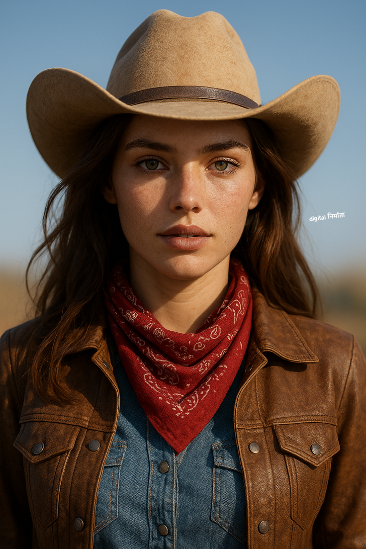Woman in a cowboy hat, red bandana, and leather jacket outdoors
