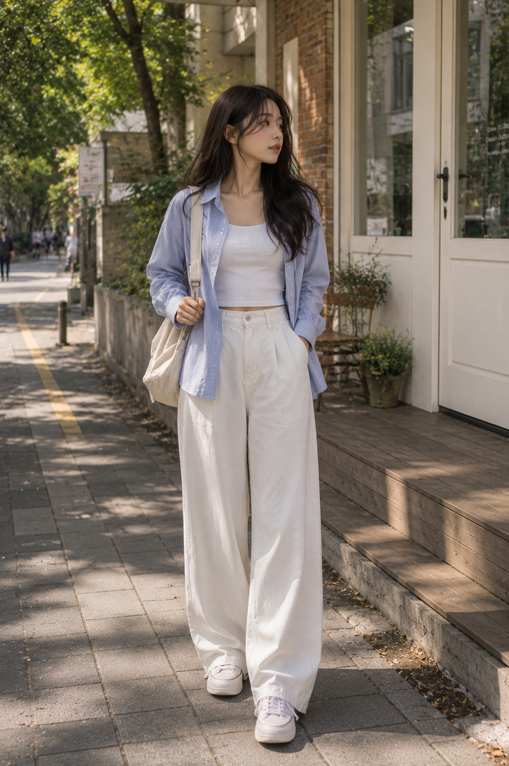 Woman in a striped shirt and white pants walking on a sunny street