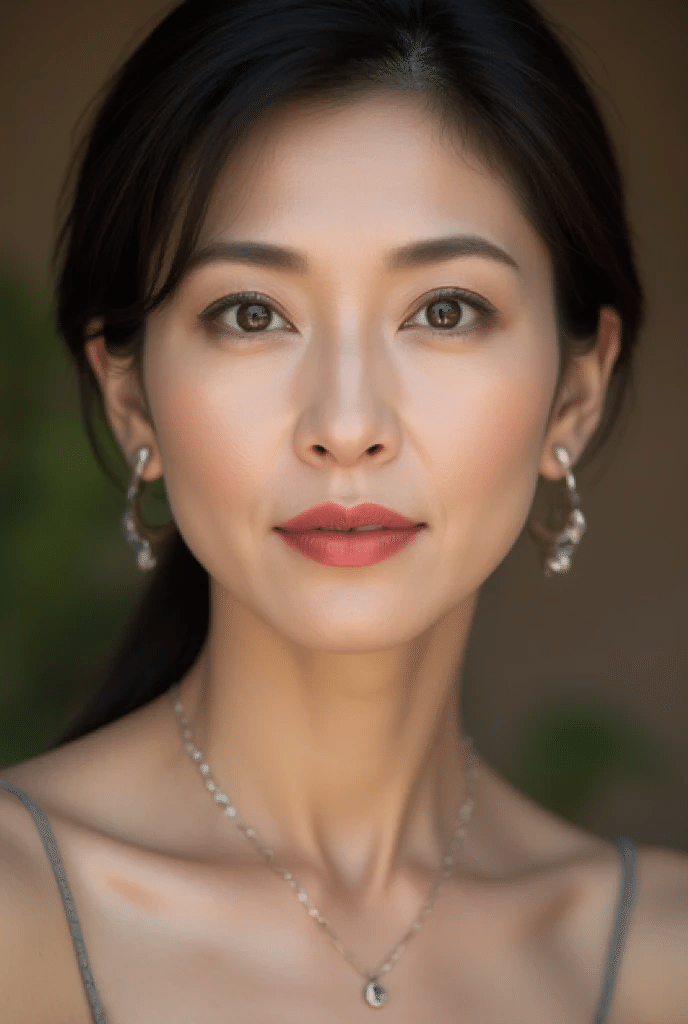Woman with black hair and red lipstick wearing earrings and a necklace